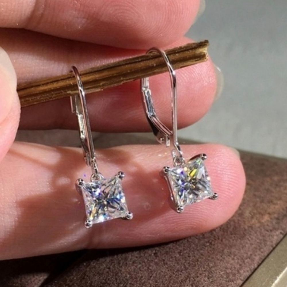 Women's 2 CT Princess Cut Square Zirconia Diamond Silver Drop Pierced Earrings